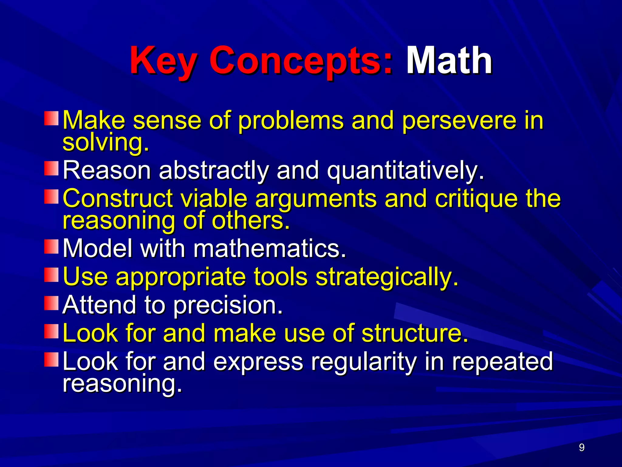 9999
Key Concepts:Key Concepts: MathMath
Make sense of problems and persevere inMake sense of problems and persevere in
solving.solving.
Reason abstractly and quantitatively.Reason abstractly and quantitatively.
Construct viable arguments and critique theConstruct viable arguments and critique the
reasoning of others.reasoning of others.
Model with mathematics.Model with mathematics.
Use appropriate tools strategically.Use appropriate tools strategically.
Attend to precision.Attend to precision.
Look for and make use of structure.Look for and make use of structure.
Look for and express regularity in repeatedLook for and express regularity in repeated
reasoning.reasoning.
 