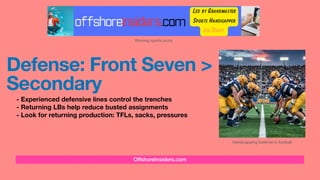 OffshoreInsiders.com
Defense: Front Seven >
Secondary
- Experienced defensive lines control the trenches
- Returning LBs help reduce busted assignments
- Look for returning production: TFLs, sacks, pressures
Winning sports picks
Handicapping Defense in football
 