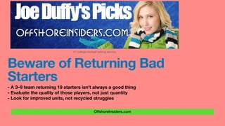 OffshoreInsiders.com
Beware of Returning Bad
Starters
- A 3–9 team returning 19 starters isn’t always a good thing
- Evaluate the quality of those players, not just quantity
- Look for improved units, not recycled struggles
#1 college football betting service
 