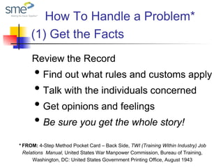 How To Handle a Problem*
(1) Get the Facts
Review the Record
• Find out what rules and customs apply
• Talk with the individuals concerned
• Get opinions and feelings
• Be sure you get the whole story!
* FROM: 4-Step Method Pocket Card – Back Side, TWI (Training Within Industry) Job
Relations Manual, United States War Manpower Commission, Bureau of Training,
Washington, DC: United States Government Printing Office, August 1943
 