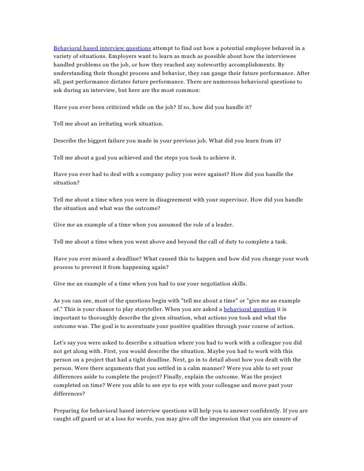 examples of behavioral based interview questions