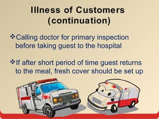 Illness of Customers
(continuation)
Calling doctor for primary inspection
before taking guest to the hospital
If after short period of time guest returns
to the meal, fresh cover should be set up
 