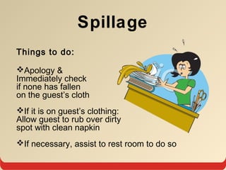 Spillage
Things to do:
Apology &
Immediately check
if none has fallen
on the guest’s cloth
If it is on guest’s clothing:
Allow guest to rub over dirty
spot with clean napkin
If necessary, assist to rest room to do so
 
