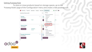 Enterprise
Setting Putaway Rule
To store or move products based on storage spaces, go to the
‘Putaway Rules’ page of the ‘Configuration’ menu and create a new putaway rule.
 