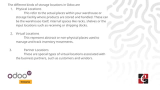 Enterprise
The different kinds of storage locations in Odoo are
1. Physical Locations
This refer to the actual places within your warehouse or
storage facility where products are stored and handled. These can
be the warehouse itself, internal spaces like racks, shelves or the
input locations such as receiving or shipping docks.
2. Virtual Locations
This represent abstract or non-physical places used to
manage and track inventory movements.
3. Partner Locations
These are special types of virtual locations associated with
the business partners, such as customers and vendors.
 
