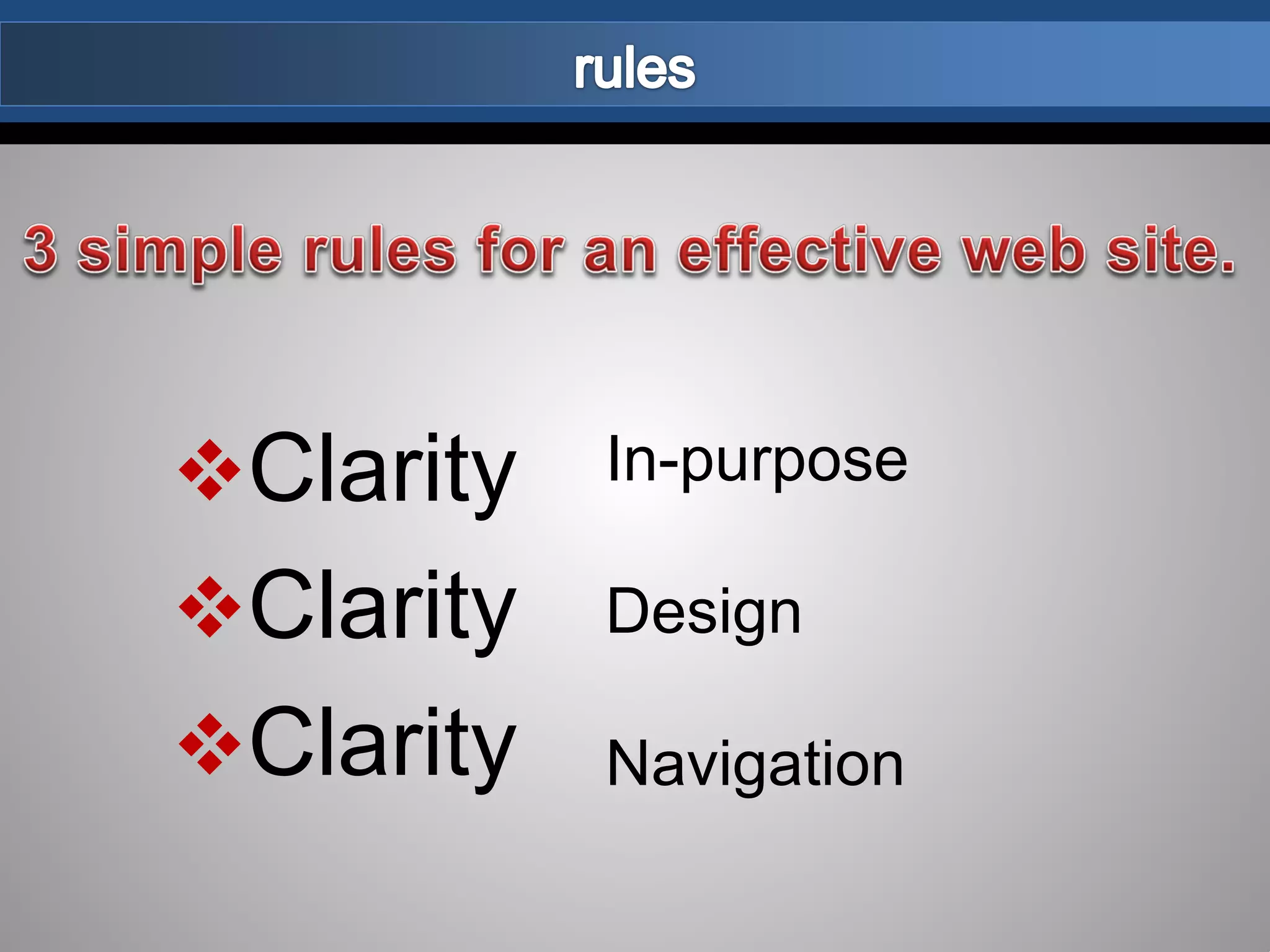 Clarity
Clarity
Clarity
In-purpose
Design
Navigation
 