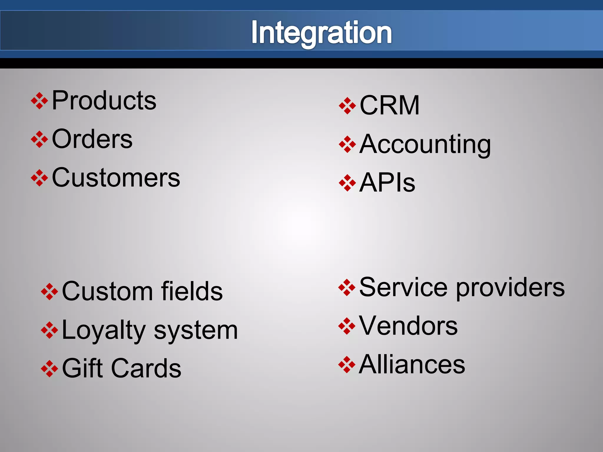 Products
Orders
Customers
CRM
Accounting
APIs
Custom fields
Loyalty system
Gift Cards
Service providers
Vendors
Alliances
 
