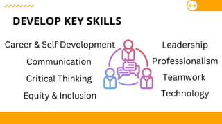 DEVELOP KEY SKILLS
Career & Self Development
Communication
Critical Thinking
Equity & Inclusion
Leadership
Professionalism
Teamwork
Technology
 