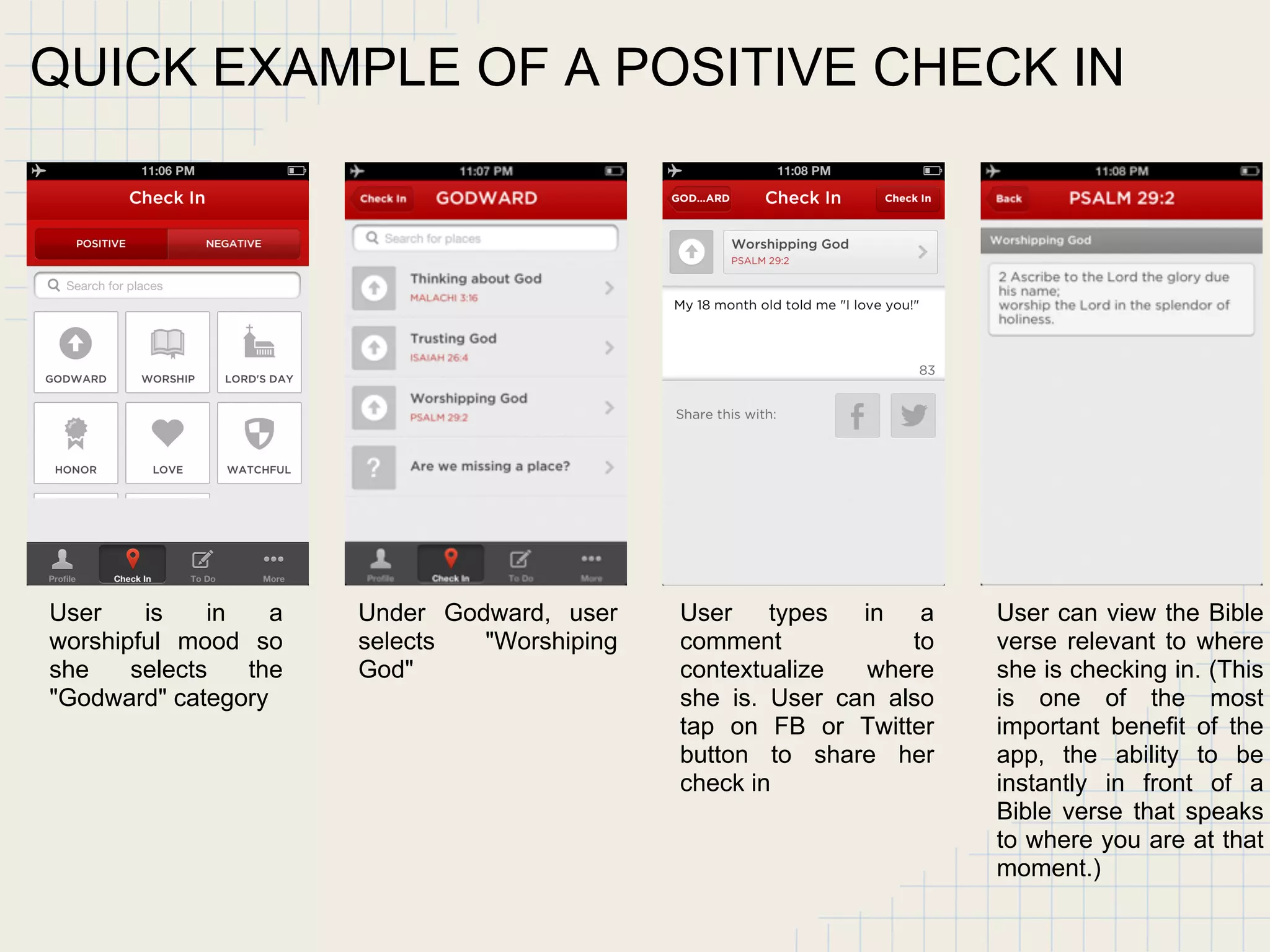 User is in a
worshipful mood so
she selects the
"Godward" category
Under Godward, user
selects "Worshiping
God"
User types in a
comment to
contextualize where
she is. User can also
tap on FB or Twitter
button to share her
check in
User can view the Bible
verse relevant to where
she is checking in. (This
is one of the most
important benefit of the
app, the ability to be
instantly in front of a
Bible verse that speaks
to where you are at that
moment.)
QUICK EXAMPLE OF A POSITIVE CHECK IN
 