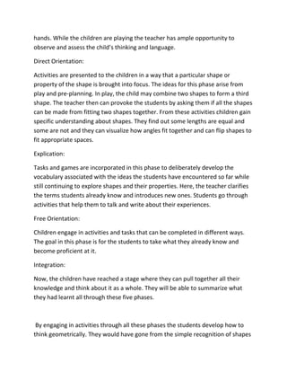 hands. While the children are playing the teacher has ample opportunity to
observe and assess the child’s thinking and language.
Direct Orientation:
Activities are presented to the children in a way that a particular shape or
property of the shape is brought into focus. The ideas for this phase arise from
play and pre-planning. In play, the child may combine two shapes to form a third
shape. The teacher then can provoke the students by asking them if all the shapes
can be made from fitting two shapes together. From these activities children gain
specific understanding about shapes. They find out some lengths are equal and
some are not and they can visualize how angles fit together and can flip shapes to
fit appropriate spaces.
Explication:
Tasks and games are incorporated in this phase to deliberately develop the
vocabulary associated with the ideas the students have encountered so far while
still continuing to explore shapes and their properties. Here, the teacher clarifies
the terms students already know and introduces new ones. Students go through
activities that help them to talk and write about their experiences.
Free Orientation:
Children engage in activities and tasks that can be completed in different ways.
The goal in this phase is for the students to take what they already know and
become proficient at it.
Integration:
Now, the children have reached a stage where they can pull together all their
knowledge and think about it as a whole. They will be able to summarize what
they had learnt all through these five phases.
By engaging in activities through all these phases the students develop how to
think geometrically. They would have gone from the simple recognition of shapes
 