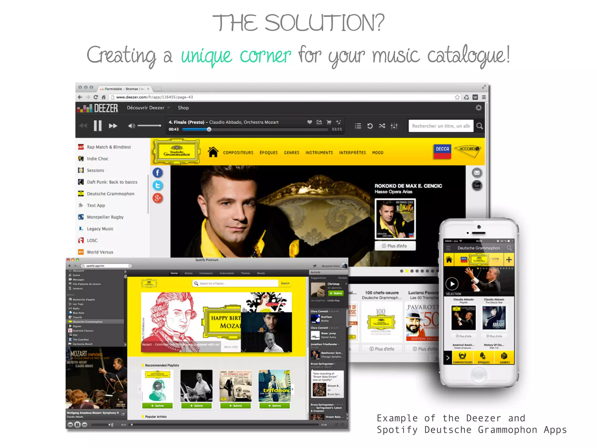 THE SOLUTION?
Creating a unique corner for your music catalogue!
Example of the Deezer and
Spotify Deutsche Grammophon Apps
 