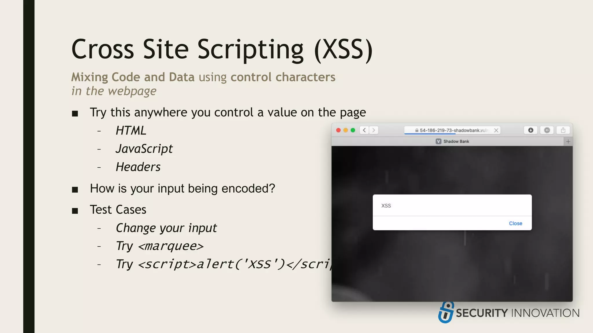 Cross Site Scripting (XSS)
Mixing Code and Data using control characters
in the webpage
■ Try this anywhere you control a value on the page
– HTML
– JavaScript
– Headers
■ How is your input being encoded?
■ Test Cases
– Change your input
– Try <marquee>
– Try <script>alert('XSS')</script>
 