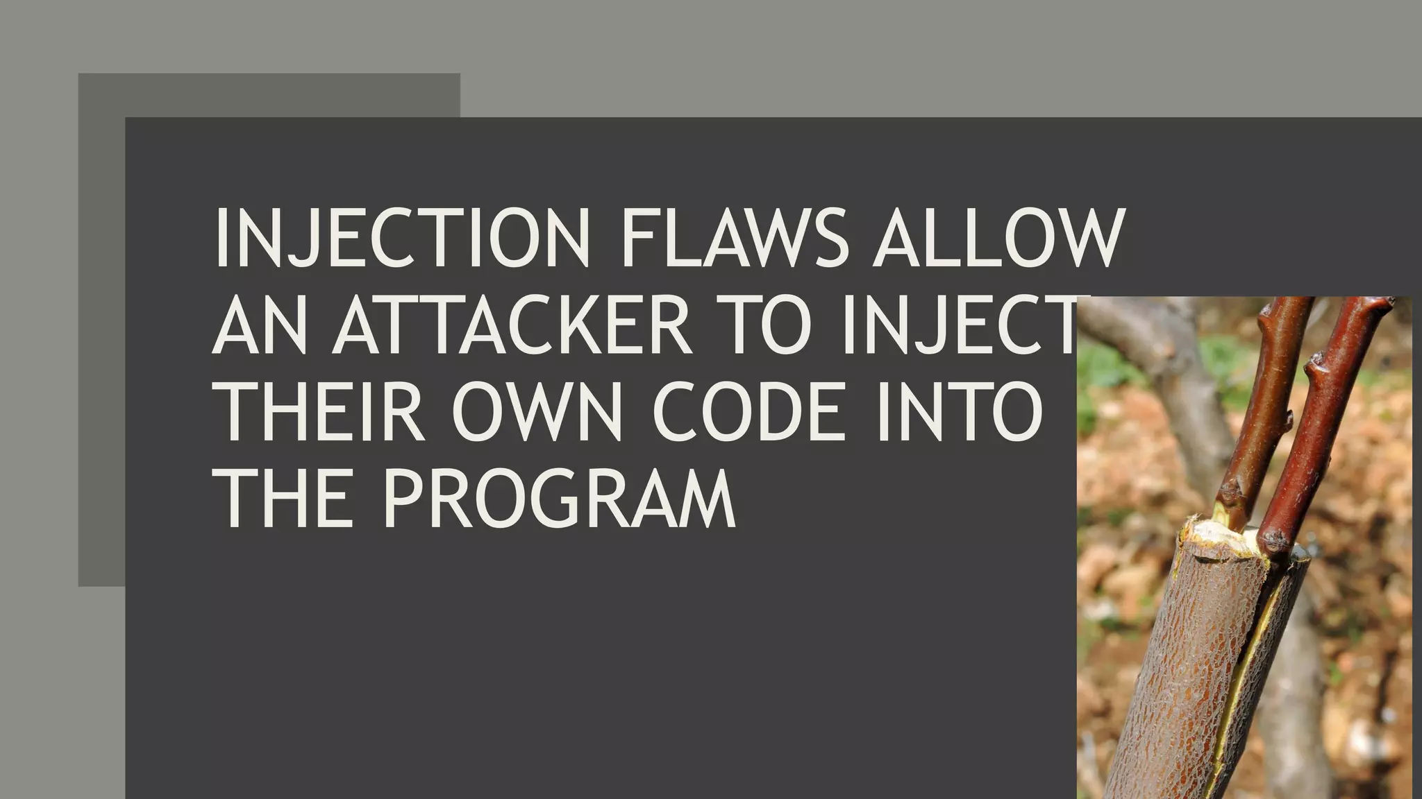 INJECTION FLAWS ALLOW
AN ATTACKER TO INJECT
THEIR OWN CODE INTO
THE PROGRAM
 