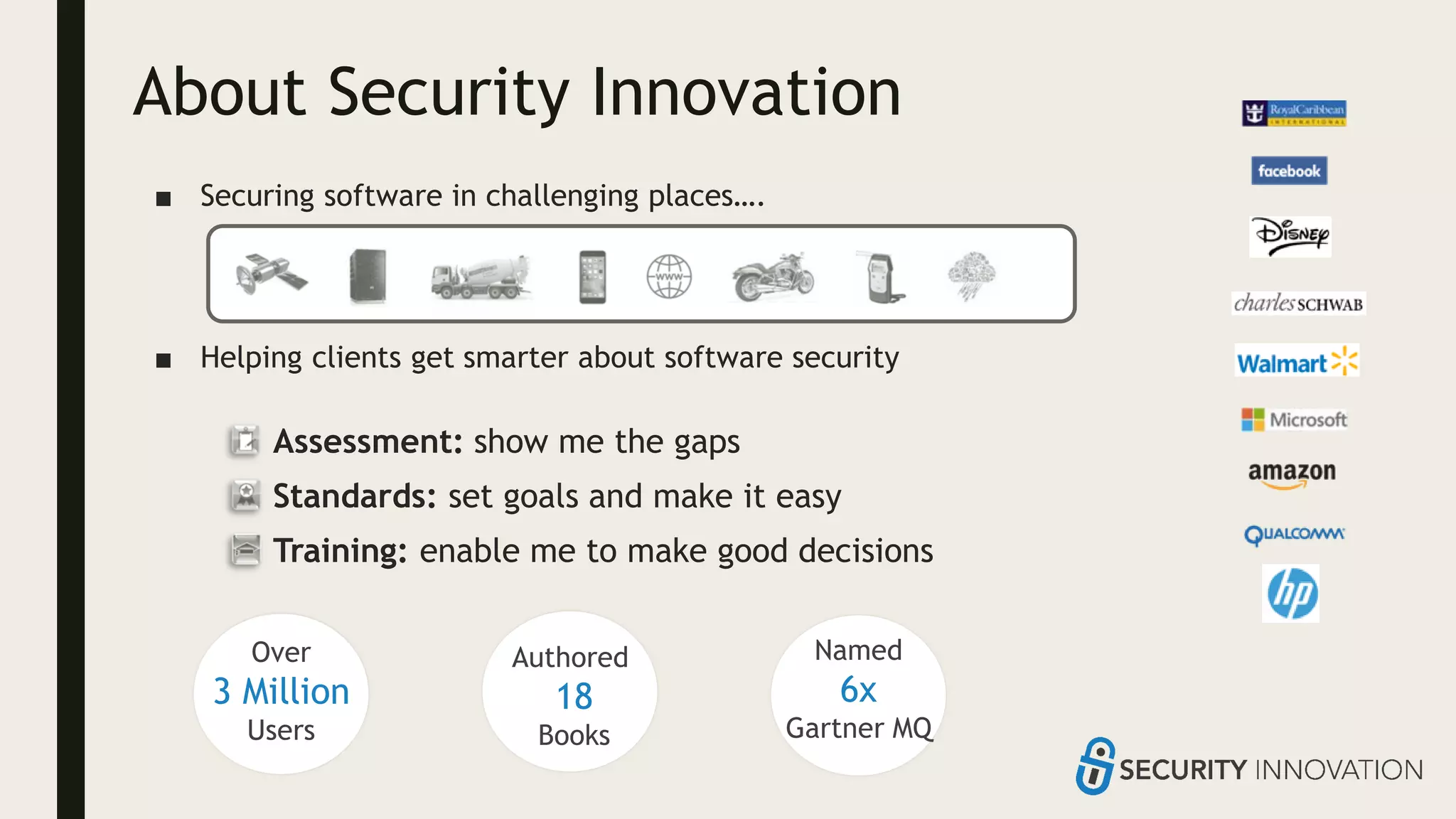 About Security Innovation
■ Securing software in challenging places….
■ Helping clients get smarter about software security
Assessment: show me the gaps
Standards: set goals and make it easy
Training: enable me to make good decisions
Over
3 Million
Users
Authored
18
Books
Named
6x
Gartner MQ
 
