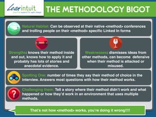 THE METHODOLOGY BIGOT
Strengths: knows their method inside
and out, knows how to apply it and
probably has lots of stories...