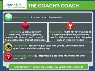 THE COACH’S COACH
Strengths: Upbeat, extremely
inquisitive, authentic, genuine,
empathetic, doesn’t need context to
help c...