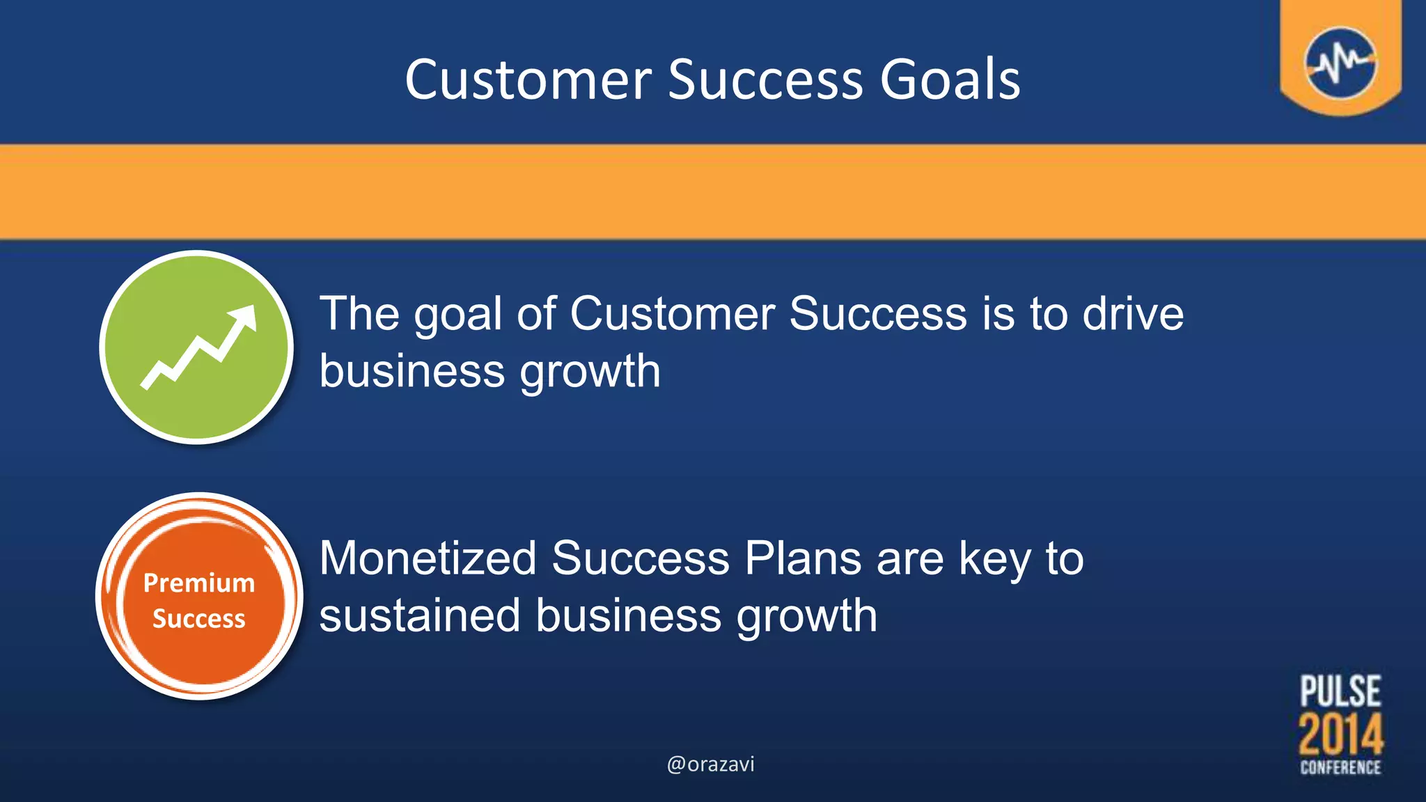 The goal of Customer Success is to drive
business growth
Premium
Success
Monetized Success Plans are key to
sustained business growth
Customer Success Goals
@orazavi
 