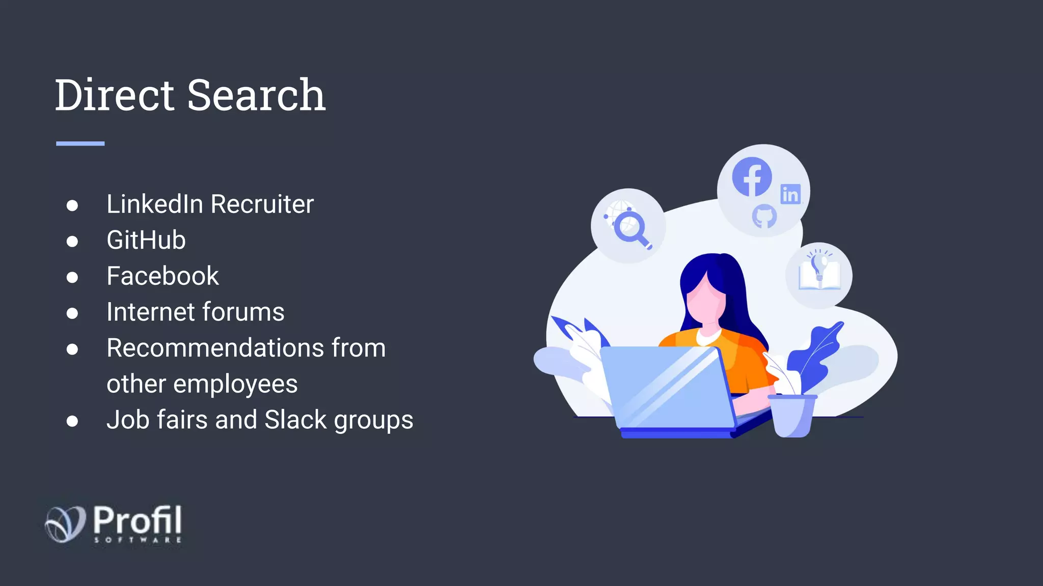 Direct Search
● LinkedIn Recruiter
● GitHub
● Facebook
● Internet forums
● Recommendations from
other employees
● Job fairs and Slack groups
 