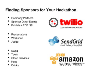Finding Sponsors for Your Hackathon
 •   Company Partners
 •   Sponsor Other Events
 •   Publish a PDF / Kit


 •   Presentations
 •   Workshop
 •   Judge


 •   Swag
 •   Tools
 •   Cloud Services
 •   Food
 •   Drinks
 