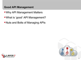 Good API Management
 Why API Management Matters
 What is ‘good’ API Management?
 Nuts and Bolts of Managing APIs




                                    12
 