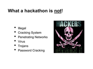 What a hackathon is not!


  •   Illegal
  •   Cracking System
  •   Penetrating Networks
  •   Virus
  •   Trojans
  •   Password Cracking
 