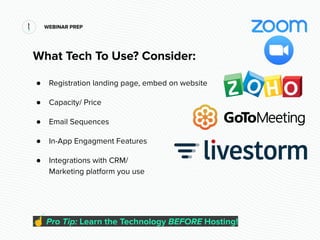 WEBINAR PREP
What Tech To Use? Consider:
● Registration landing page, embed on website
● Capacity/ Price
● Email Sequences...