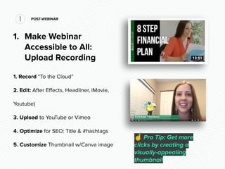 POST-WEBINAR
1. Make Webinar
Accessible to All:
Upload Recording
1. Record “To the Cloud”
2. Edit: After Eﬀects, Headliner...
