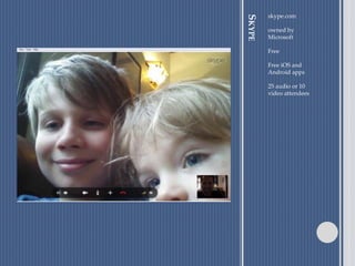SKYPE
skype.com
owned by
Microsoft
Free
Free iOS and
Android apps
25 audio or 10
video attendees
 