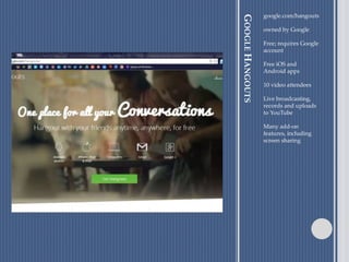 GOOGLEHANGOUTS
google.com/hangouts
owned by Google
Free; requires Google
account
Free iOS and
Android apps
10 video attendees
Live broadcasting,
records and uploads
to YouTube
Many add-on
features, including
screen sharing
 