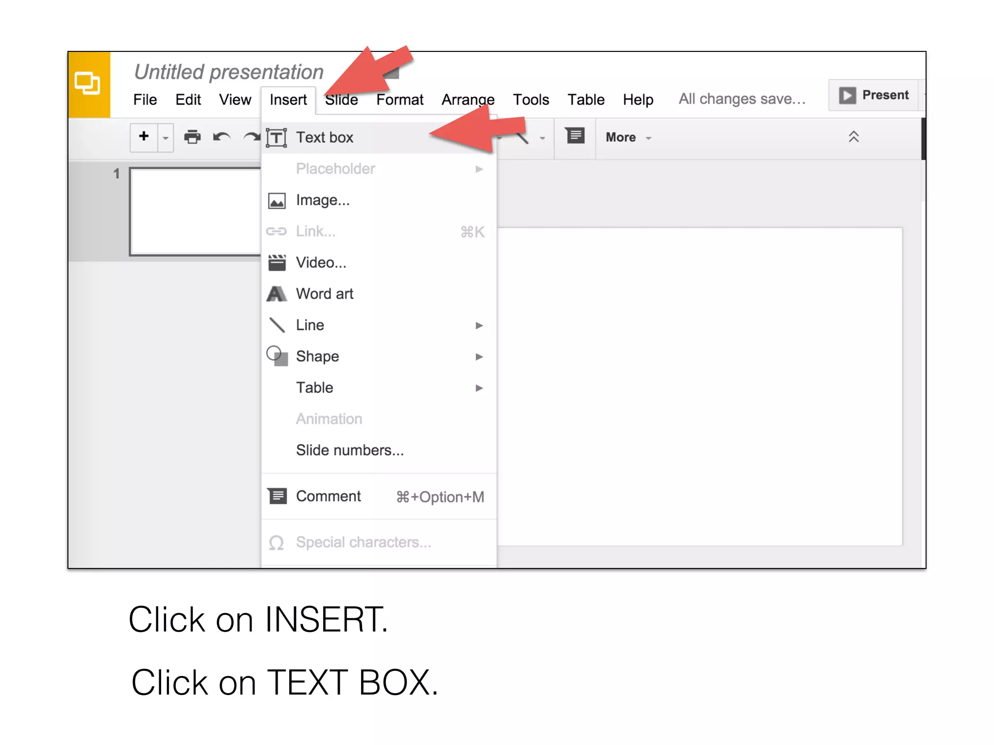 Click on INSERT.
Click on TEXT BOX.