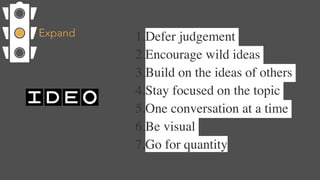 Expand 1.Defer judgement
2.Encourage wild ideas
3.Build on the ideas of others
4.Stay focused on the topic
5.One conversation at a time
6.Be visual
7.Go for quantity
 