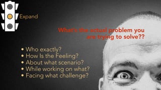 Expand
What’s the actual problem you
are trying to solve??
• Who exactly?
• How Is the Feeling?
• About what scenario?
• While working on what?
• Facing what challenge?
 
