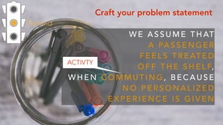 Expand
Craft your problem statement
W E A S S U M E T H AT  
A PA S S E N G E R  
F E E L S T R E AT E D
O F F T H E S H E L F,  
W H E N C O M M U T I N G , B E C A U S E
N O P E R S O N A L I Z E D
E X P E R I E N C E I S G I V E N
ACTIVTY
 