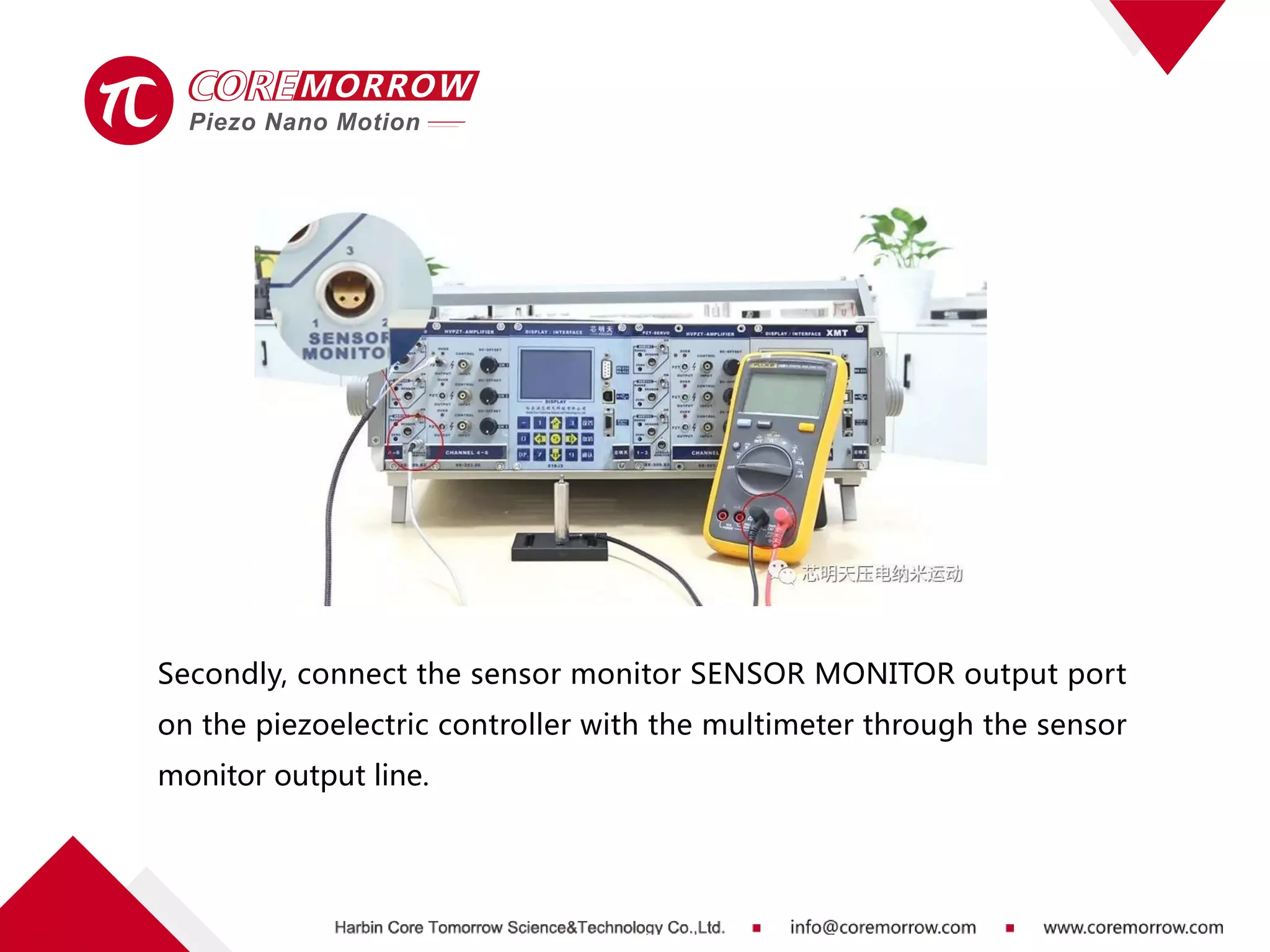 Secondly, connect the sensor monitor SENSOR MONITOR output port
on the piezoelectric controller with the multimeter through the sensor
monitor output line.
 