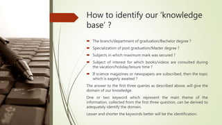 How to identify our ‘knowledge
base’ ?
 The branch/department of graduation/Bachelor degree ?
 Specialization of post graduation/Master degree ?
 Subjects in which maximum mark was secured ?
 Subject of interest for which books/videos are consulted during
the vacation/holiday/leisure time ?
 If science magazines or newspapers are subscribed, then the topic
which is eagerly awaited ?
The answer to the first three queries as described above, will give the
domain of our knowledge.
One or two keyword which represent the main theme of the
information, collected from the first three question, can be derived to
adequately identify the domain.
Lesser and shorter the keywords better will be the identification.
 