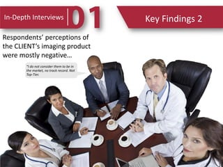 In-Depth Interviews Key Findings 2
“They have no
presence in the
area.”
Respondents’ perceptions of
the CLIENT’s imaging p...