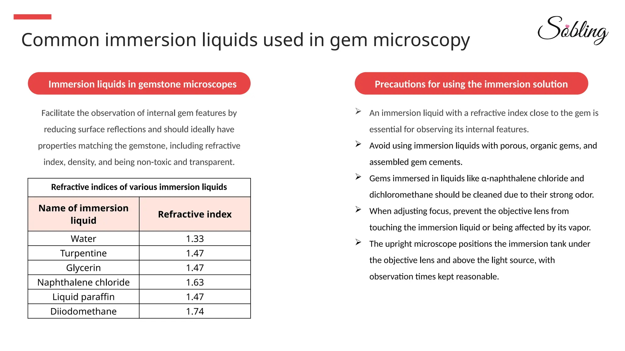 Facilitate the observation of internal gem features by
reducing surface reflections and should ideally have
properties matching the gemstone, including refractive
index, density, and being non-toxic and transparent.
 An immersion liquid with a refractive index close to the gem is
essential for observing its internal features.
 Avoid using immersion liquids with porous, organic gems, and
assembled gem cements.
 Gems immersed in liquids like α-naphthalene chloride and
dichloromethane should be cleaned due to their strong odor.
 When adjusting focus, prevent the objective lens from
touching the immersion liquid or being affected by its vapor.
 The upright microscope positions the immersion tank under
the objective lens and above the light source, with
observation times kept reasonable.
Immersion liquids in gemstone microscopes Precautions for using the immersion solution
Common immersion liquids used in gem microscopy
Refractive indices of various immersion liquids
Name of immersion
liquid
Refractive index
Water 1.33
Turpentine 1.47
Glycerin 1.47
Naphthalene chloride 1.63
Liquid paraffin 1.47
Diiodomethane 1.74
 