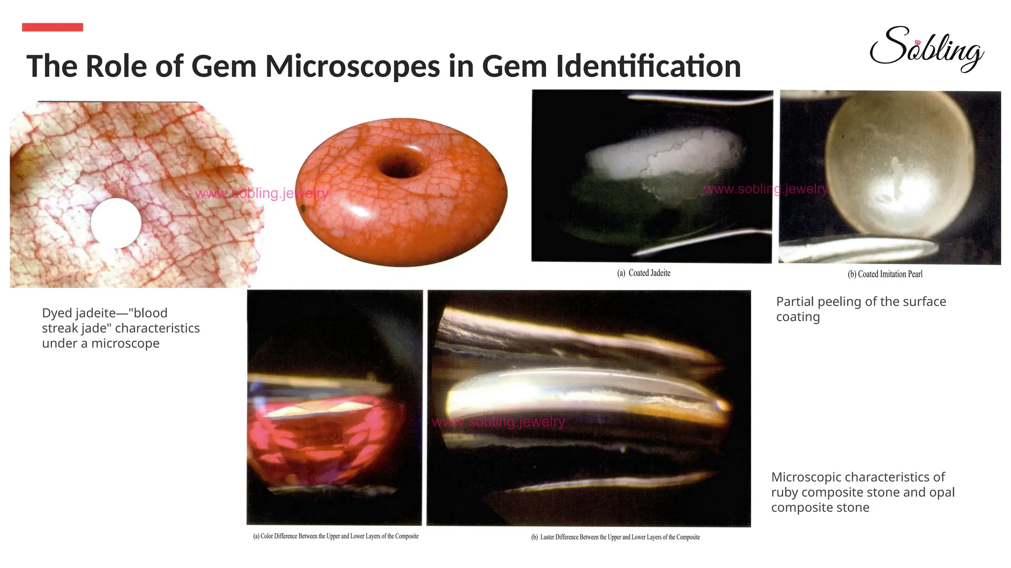 The Role of Gem Microscopes in Gem Identification
Microscopic characteristics of
ruby composite stone and opal
composite stone
Partial peeling of the surface
coating
Dyed jadeite—"blood
streak jade" characteristics
under a microscope
 