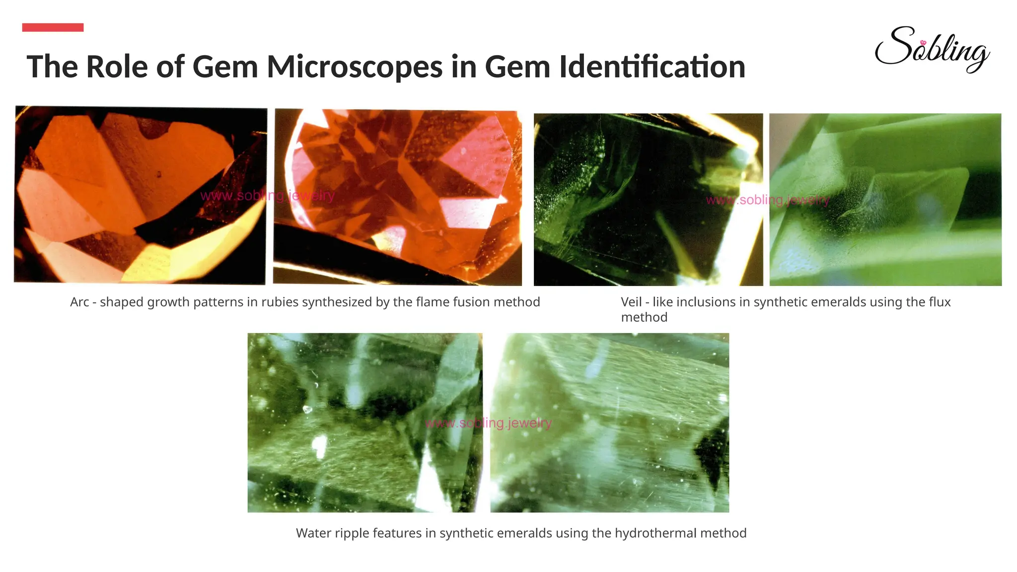 The Role of Gem Microscopes in Gem Identification
Arc - shaped growth patterns in rubies synthesized by the flame fusion method Veil - like inclusions in synthetic emeralds using the flux
method
Water ripple features in synthetic emeralds using the hydrothermal method
 