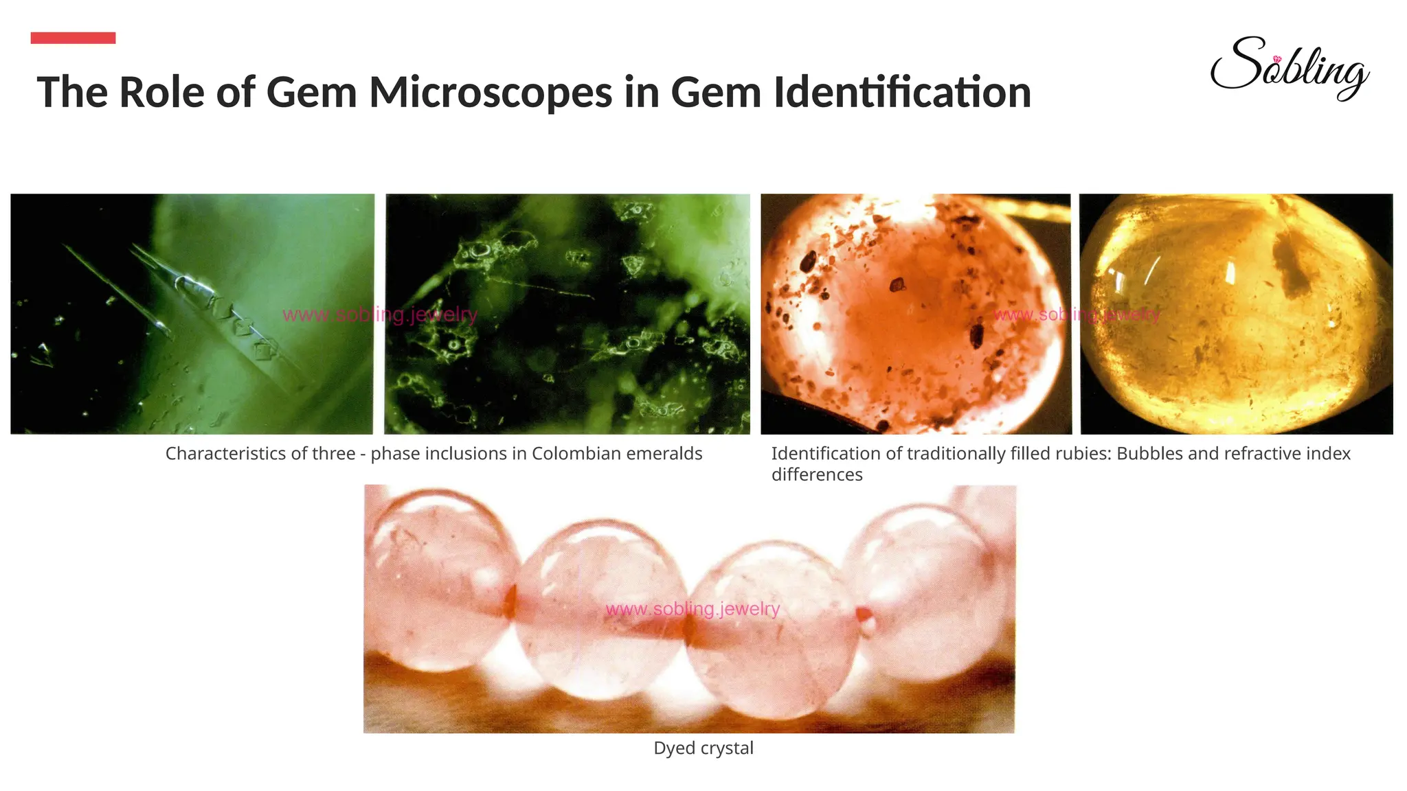 The Role of Gem Microscopes in Gem Identification
Characteristics of three - phase inclusions in Colombian emeralds Identification of traditionally filled rubies: Bubbles and refractive index
differences
Dyed crystal
 