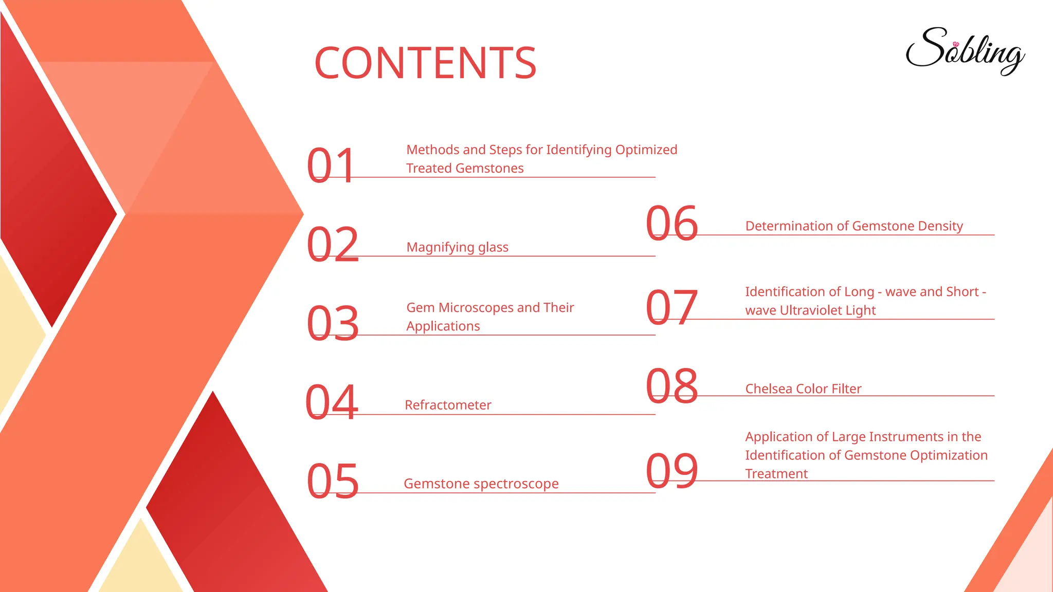 CONTENTS
05
01
Methods and Steps for Identifying Optimized
Treated Gemstones
02 Magnifying glass
03
Gem Microscopes and Their
Applications
04 Refractometer
Gemstone spectroscope
06 Determination of Gemstone Density
07
Identification of Long - wave and Short -
wave Ultraviolet Light
08 Chelsea Color Filter
09
Application of Large Instruments in the
Identification of Gemstone Optimization
Treatment
 