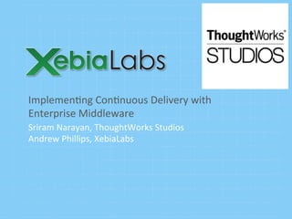 Implemen'ng	
  Con'nuous	
  Delivery	
  with	
  
Enterprise	
  Middleware	
  
Sriram	
  Narayan,	
  ThoughtWorks	
  Studios	
  
Andrew	
  Phillips,	
  XebiaLabs	
  
 