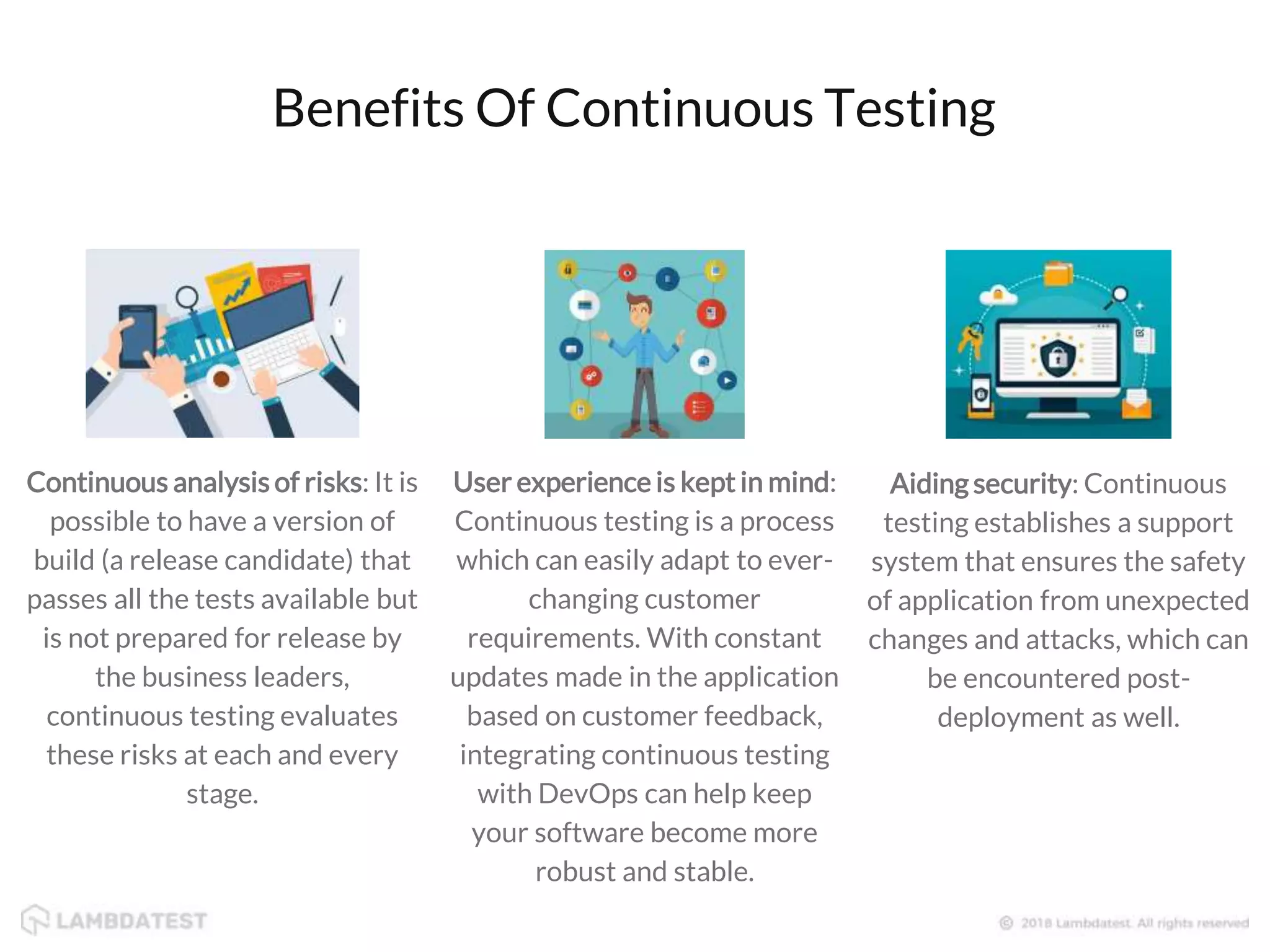Benefits Of Continuous Testing Continuous analysis of risks: It is possible to have a version of build (a release candidate) that passes all the tests available but is not prepared for release by the business leaders, continuous testing evaluates these risks at each and every stage. User experience is kept in mind: Continuous testing is a process which can easily adapt to ever- changing customer requirements. With constant updates made in the application based on customer feedback, integrating continuous testing with DevOps can help keep your software become more robust and stable. Aiding security: Continuous testing establishes a support system that ensures the safety of application from unexpected changes and attacks, which can be encountered post- deployment as well. 