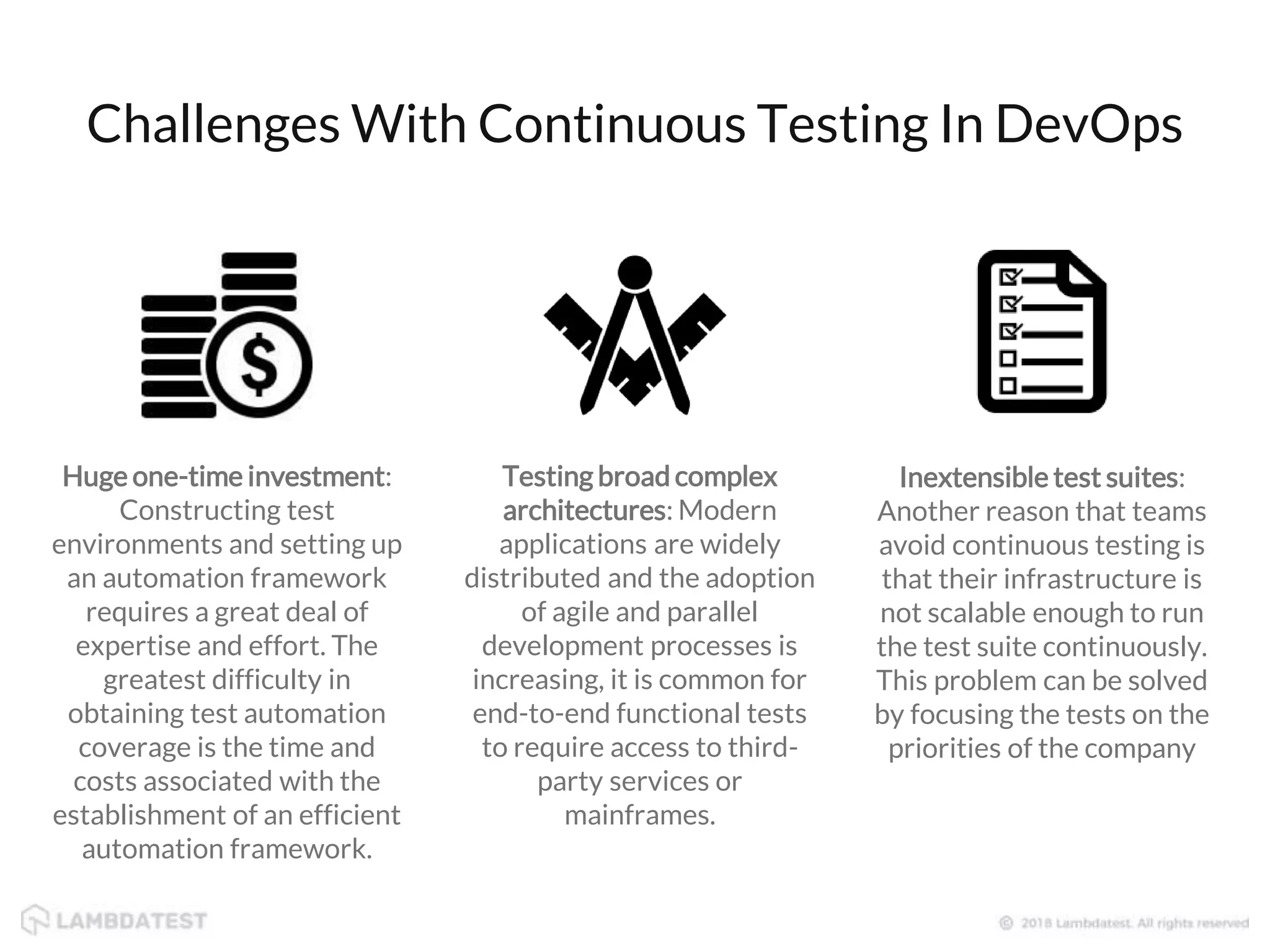 Challenges With Continuous Testing In DevOps Huge one-time investment: Constructing test environments and setting up an automation framework requires a great deal of expertise and effort. The greatest difficulty in obtaining test automation coverage is the time and costs associated with the establishment of an efficient automation framework. Testing broad complex architectures: Modern applications are widely distributed and the adoption of agile and parallel development processes is increasing, it is common for end-to-end functional tests to require access to third- party services or mainframes. Inextensible test suites: Another reason that teams avoid continuous testing is that their infrastructure is not scalable enough to run the test suite continuously. This problem can be solved by focusing the tests on the priorities of the company 