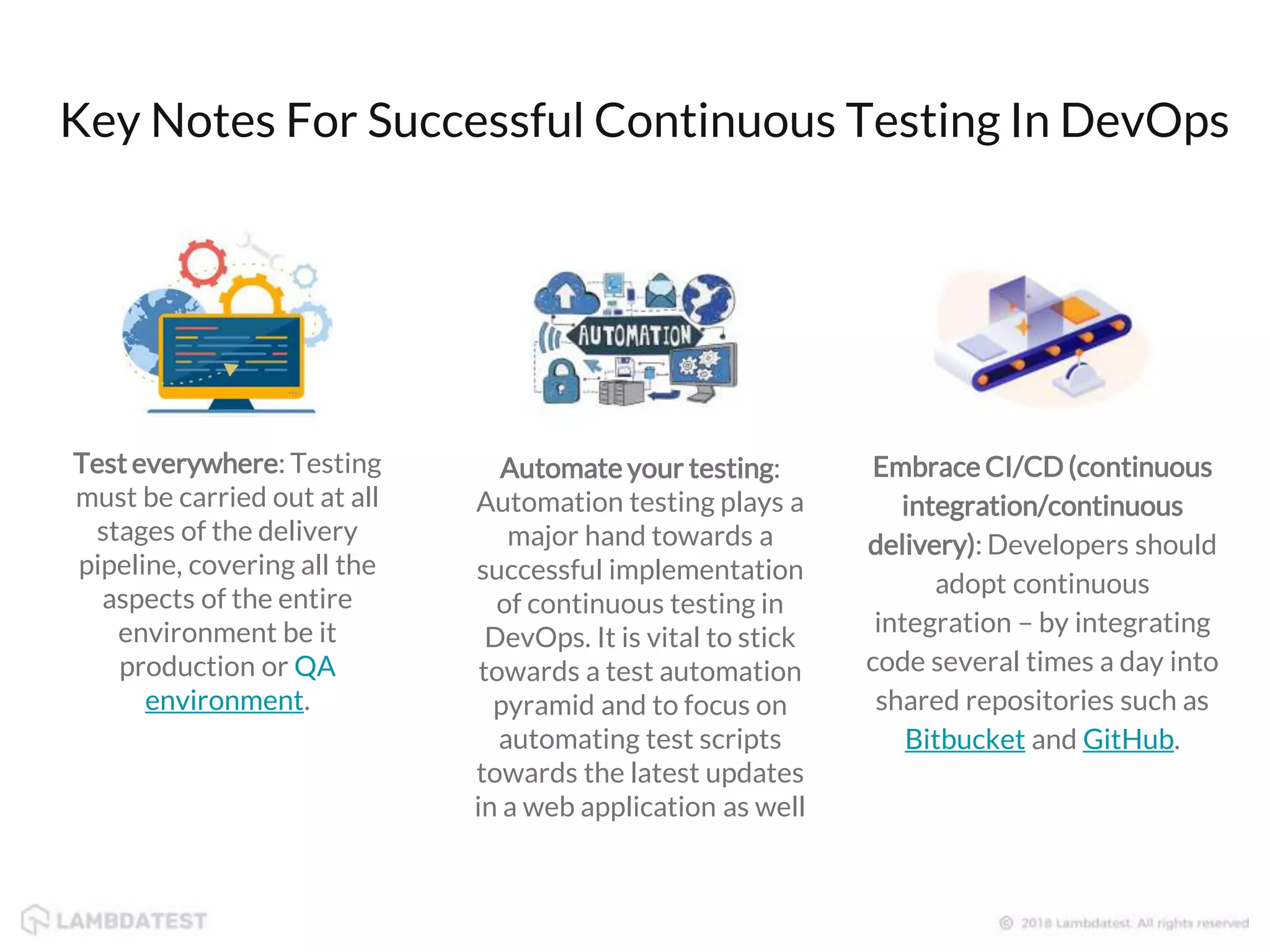 Key Notes For Successful Continuous Testing In DevOps Test everywhere: Testing must be carried out at all stages of the delivery pipeline, covering all the aspects of the entire environment be it production or QA environment. Automate your testing: Automation testing plays a major hand towards a successful implementation of continuous testing in DevOps. It is vital to stick towards a test automation pyramid and to focus on automating test scripts towards the latest updates in a web application as well Embrace CI/CD (continuous integration/continuous delivery): Developers should adopt continuous integration – by integrating code several times a day into shared repositories such as Bitbucket and GitHub. 