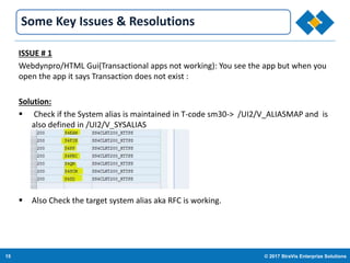 15 © 2017 StraVis Enterprize Solutions
Corporate BackgroundSome Key Issues & Resolutions
ISSUE # 1
Webdynpro/HTML Gui(Transactional apps not working): You see the app but when you
open the app it says Transaction does not exist :
Solution:
 Check if the System alias is maintained in T-code sm30-> /UI2/V_ALIASMAP and is
also defined in /UI2/V_SYSALIAS
 Also Check the target system alias aka RFC is working.
 