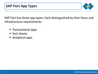 4 © 2017 StraVis Enterprize Solutions
Corporate BackgroundSAP Fiori App Types
SAP Fiori has three app types: Each distinguished by their focus and
infrastructure requirements:
 Transactional apps
 Fact sheets
 Analytical apps
 