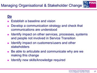 © Pink Elephant, 2015 All Rights Reserved.
ITIL® is a Registered Trade Mark of Axelos 27
Managing Organisational & Stakeholder Change
Do
 Establish a baseline and vision
 Develop a communication strategy and check that
communications are understood
 Identify impact on other services, processes, systems
and people not involved in Service Transition
 Identify impact on customers/users and other
stakeholders
 Be able to articulate and communicate why are we
making this change
 Identify new skills/knowledge required
 