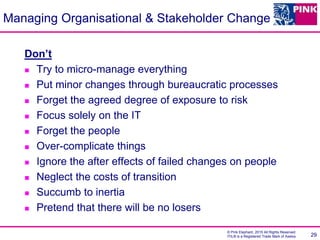 © Pink Elephant, 2015 All Rights Reserved.
ITIL® is a Registered Trade Mark of Axelos 29
Managing Organisational & Stakeholder Change
Don’t
 Try to micro-manage everything
 Put minor changes through bureaucratic processes
 Forget the agreed degree of exposure to risk
 Focus solely on the IT
 Forget the people
 Over-complicate things
 Ignore the after effects of failed changes on people
 Neglect the costs of transition
 Succumb to inertia
 Pretend that there will be no losers
 