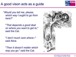 © Pink Elephant, 2015 All Rights Reserved.
ITIL® is a Registered Trade Mark of Axelos
A good vison acts as a guide
"Would you tell me, please,
which way I ought to go from
here?“
"That depends a good deal
on where you want to get to,"
said the Cat.
"I don’t much care where--"
said Alice.
"Then it doesn’t matter which
way you go," said the Cat.
6
 